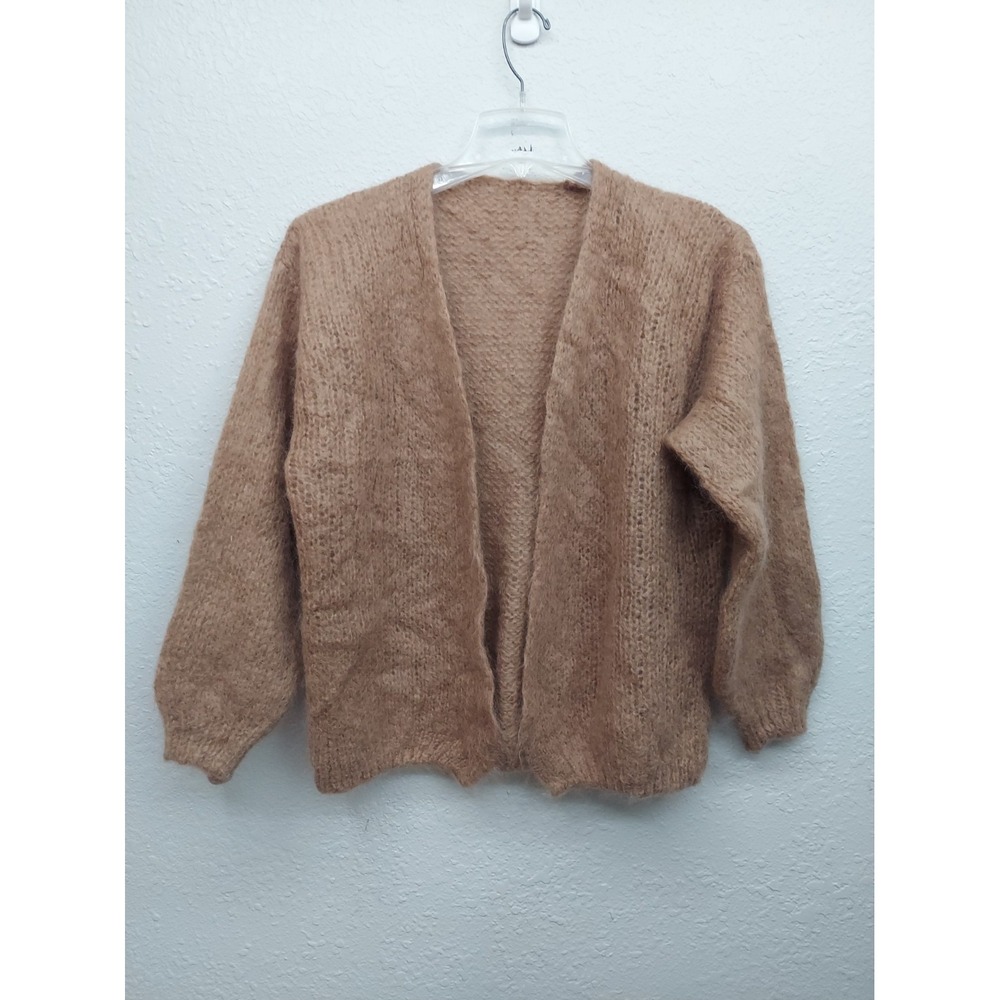 Vtg Mohair Wool Cardigan Sweater Women Large Brown Open Front Stretch Italy Made